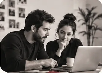 Two travellers reviewing a visa application together on a laptop