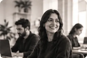 A visa support specialist smiling at her desk