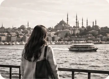 A traveller looking across the Bosphorus towards Istanbul