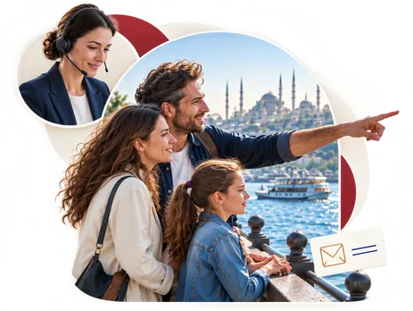 A family looking out over the Bosphorus, with a visa adviser on a call