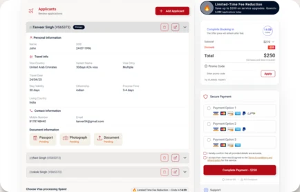 The checkout summary, with the government fee and service fee listed separately above the total