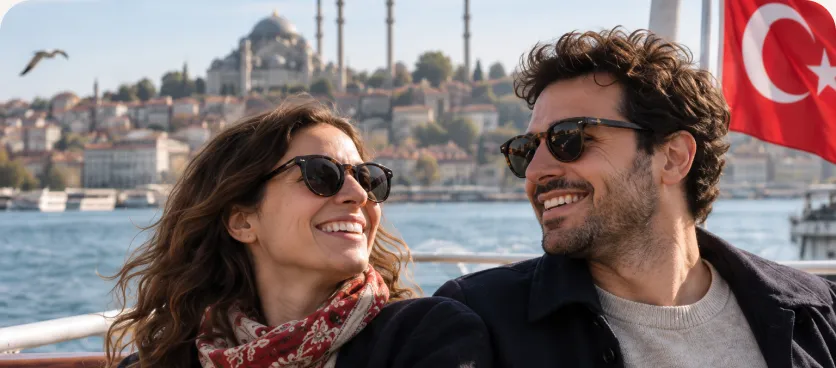 Two travellers on a Bosphorus ferry with the Istanbul skyline behind them