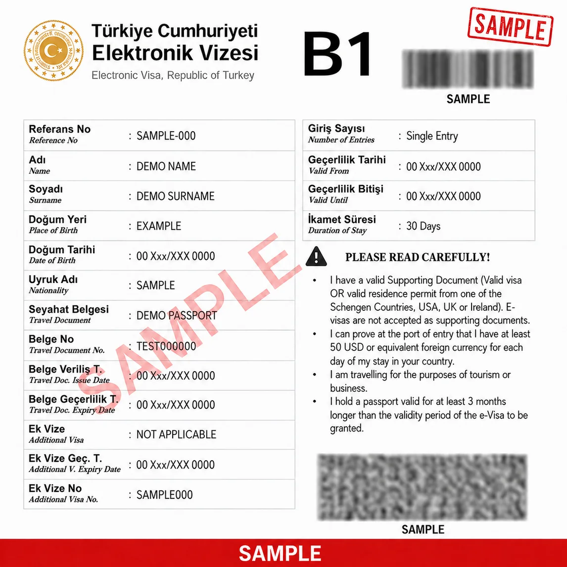 Specimen Turkey e-visa showing the reference number, applicant details, entry count, validity dates and duration of stay